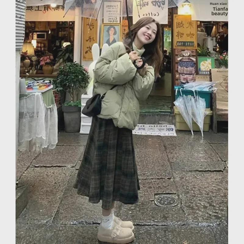 Женская юбка-трапеция из шерсти в зеленую клетку с высокой талией - Коллекция Осень/Зима 2024