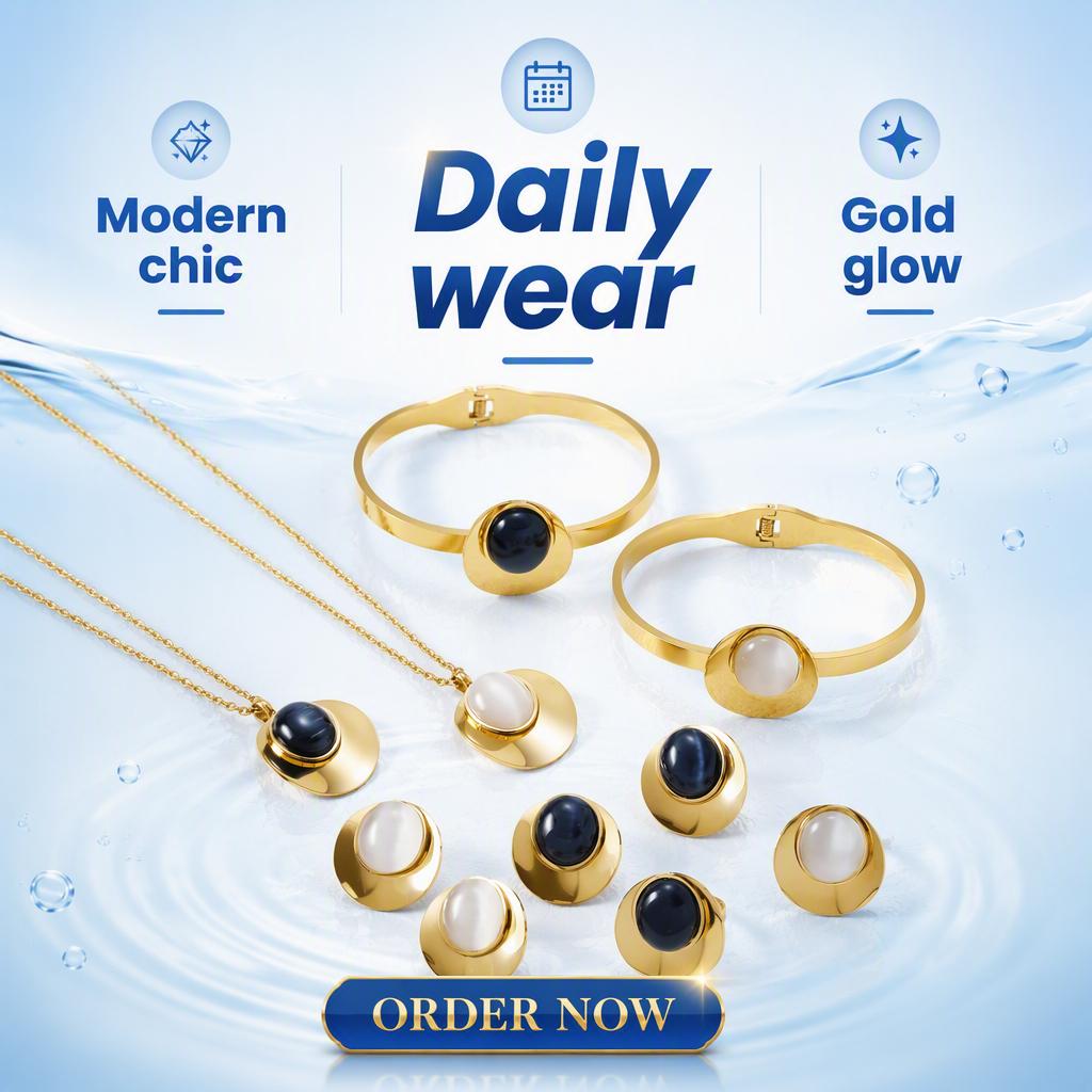 Fashion Trending 316 Stainless Steel Jewelry Set for Women 18k Gold Plated Jewelry Sets with Bracelets with Oval Black Stone