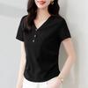 Women T-shirt V-Neck Buttons Decor Short Sleeve T-Shirt Slim Fit Soft Elastic Pullover Tops Commuting Style Tops