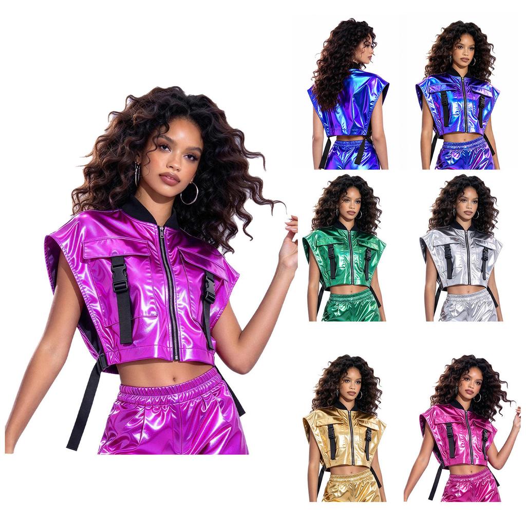 Womens Sides Open Metallic Vest Sleeveless Zipper Shiny Jacket