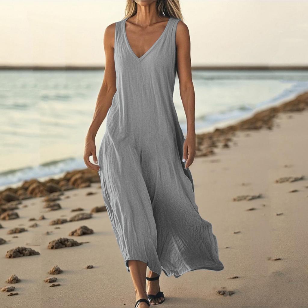 Women Casual Summer Solid Color Tank Sleeveless Dress Hollow Out Loose Beach Dress