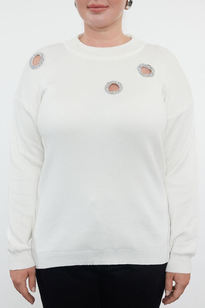 Women's Fashion Stylish Plus Size Sweater Black Stoned Cut Out Detailed Knitwear Sweater