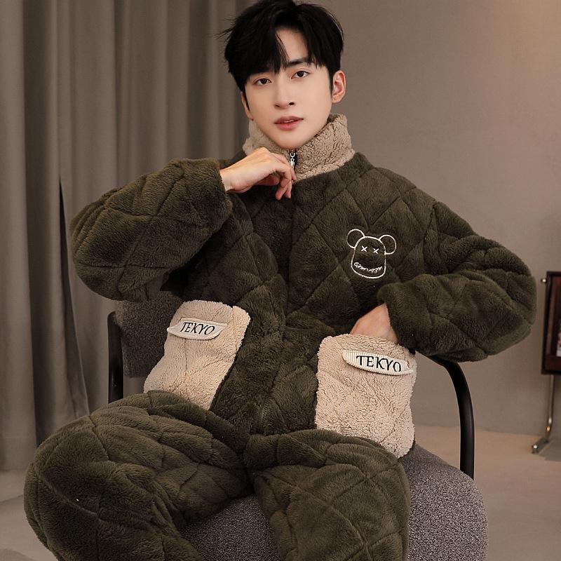 Men's Three-Layer Thickened Cotton Winter Pajamas - Warm, Simple, Luxury, and Suitable for Indoors and Outdoors.