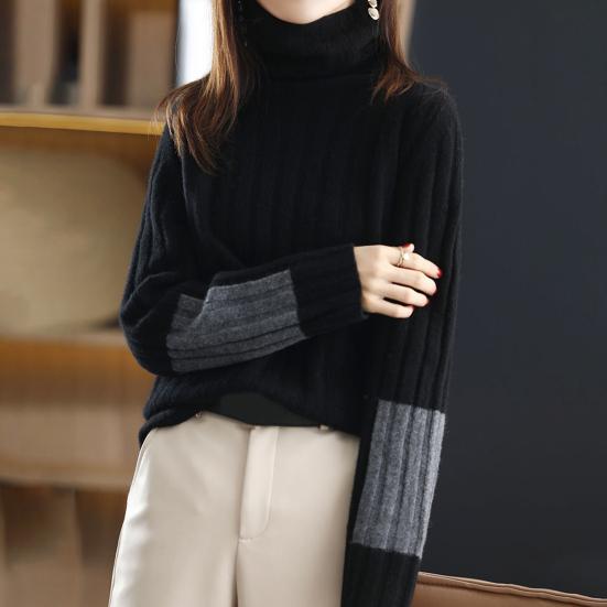 Women Winter Autumn Sweater Turtleneck Neck Protection Long Sleeve Knitted Warm Thick Soft Pullover Color Block Patchwork Lady Sweater