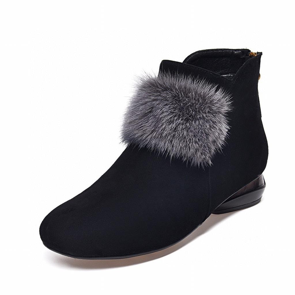 Round-headed Mink Hair Women's Short Boots Autumn and Winter New Flat-bottomed Black Sheepskin Fur Shoes Women's Shoes Velvet Leather Boots