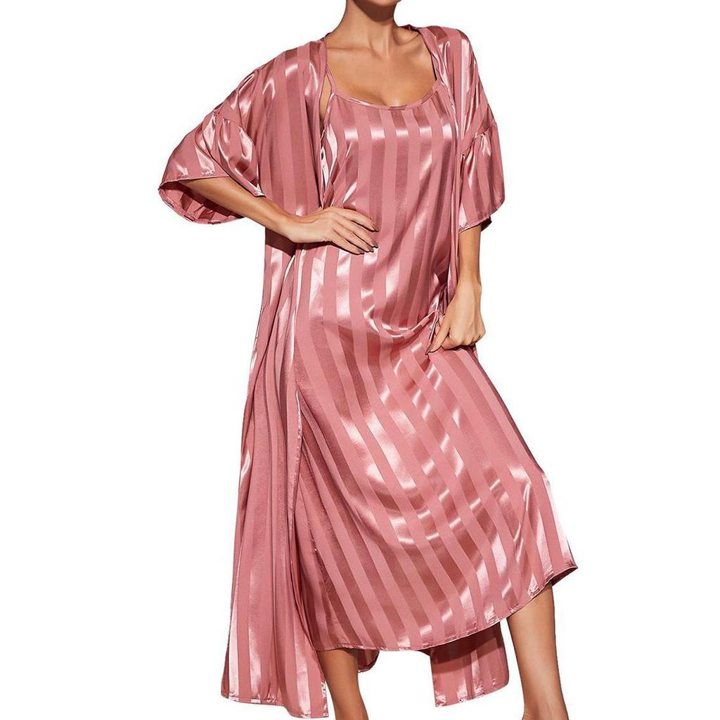 Women’s Nightgown Slip Night Dress 2 Pieces Set Satin Stripe Pajamas Dressing Gown Robe Sleepwear Home Wear Spring Autumn Sleep Lounge Clothes