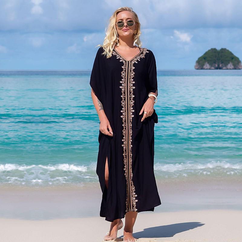 EDOLYNSA Elegant Gold Embroidered Kaftan Long Black Tunic Loose Maxi Dress Women Summer Clothing Beach Wear Swim Suit Cover Up Q1455
