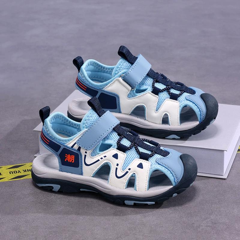 Летние спортивные сандалии для мальчиков, детские дышащие нескользящие пляжные туфли для мальчиков, уличные сандалии с закрытым носком и защитой от ударов