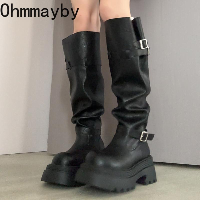 Осень Зима Пряжка Ремня Женские Сапоги до Колена Мода Толстый Каблук Панк Стиль Рыцарские Длинные Ботильоны De Mujer