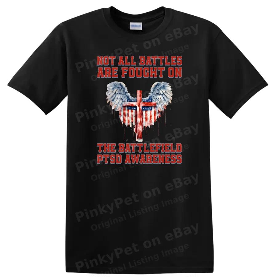 PTSD Awareness T Shirt Wings Cross American Flag Military Support Tee