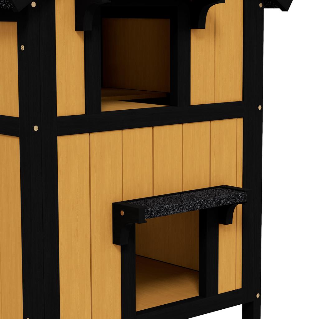 Wooden Cat House with Flower Pot, Windows, Multiple Entrances, Water-Resistant Roof for Outdoor - Yellow
