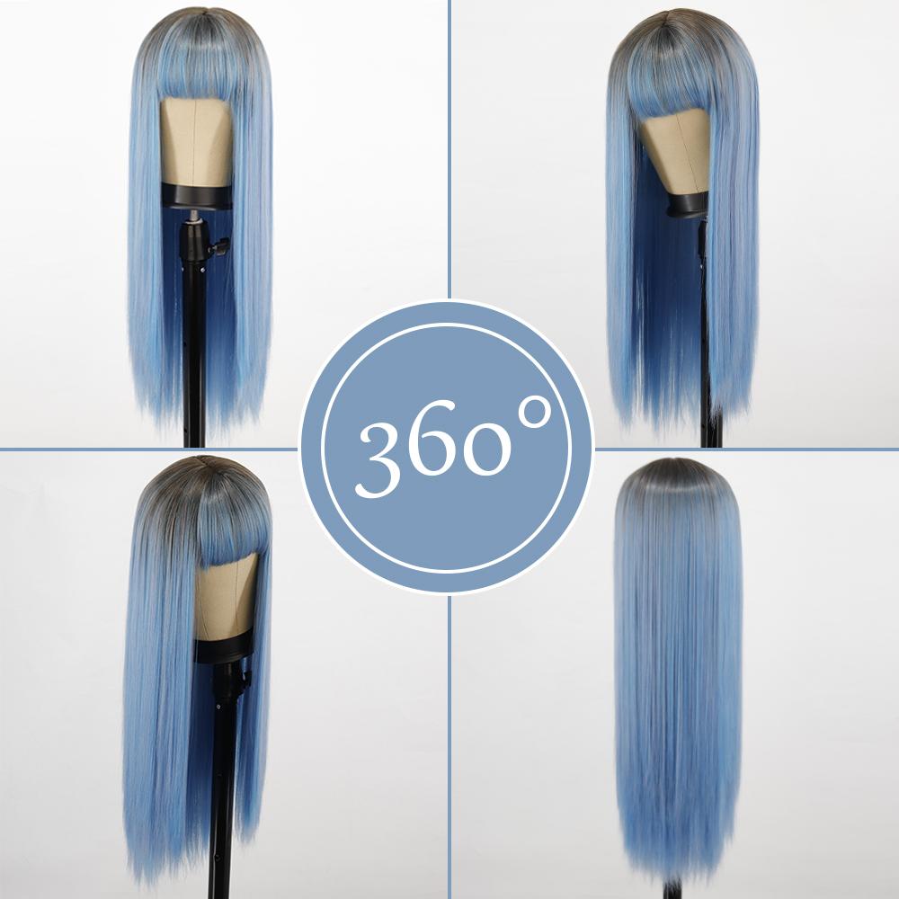MISS WIG Синтетические длинные прямые синие парики из высокотемпературного волокна Ombre для женщин, вечерние повседневные волосы, парики с челкой