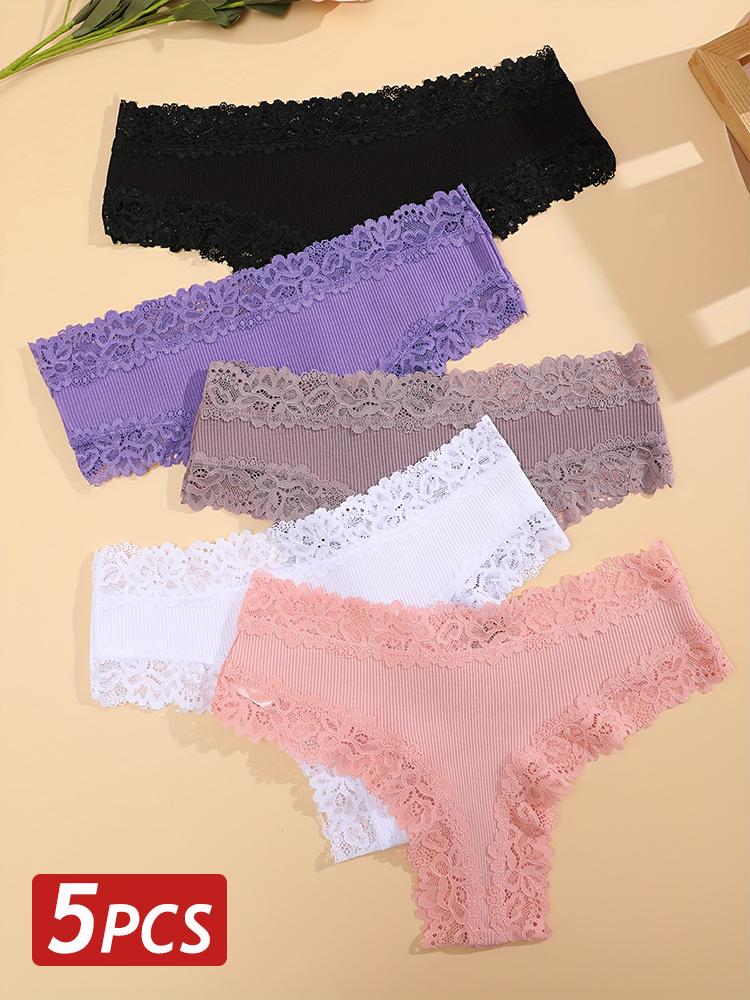 5PCS/Set Women Cotton Panties Sexy Lace Brazilian Panties Low Waist Elastic Thongs Female Comfortable Underwear Solid Color S-XL
