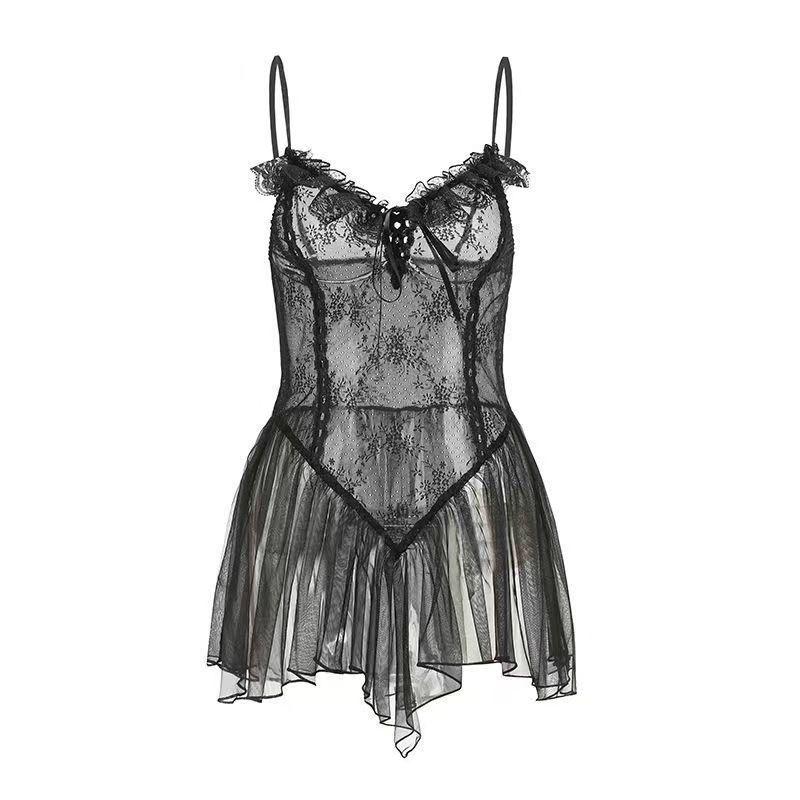 Plus Size Sheer Lingerie Princess Style Nightgown: Fishnet Strappy Design