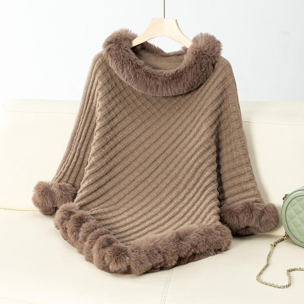 Casual Poncho for Women Solid Color Shawl Wrap Cape with Faux Fur Trim Winter Sleeveless Cloak Coat Womens Warm Pullover Luxury Knitted Sweater Poncho