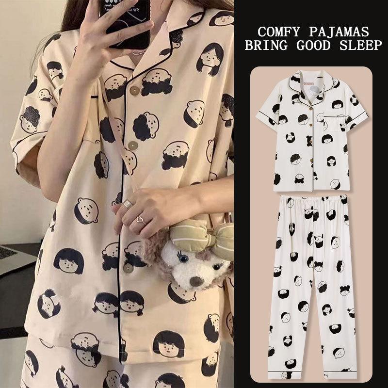 Japanese Kitty cat pajamas women's summer thin short-sleeved trousers loose plus size girl raw loungewear set