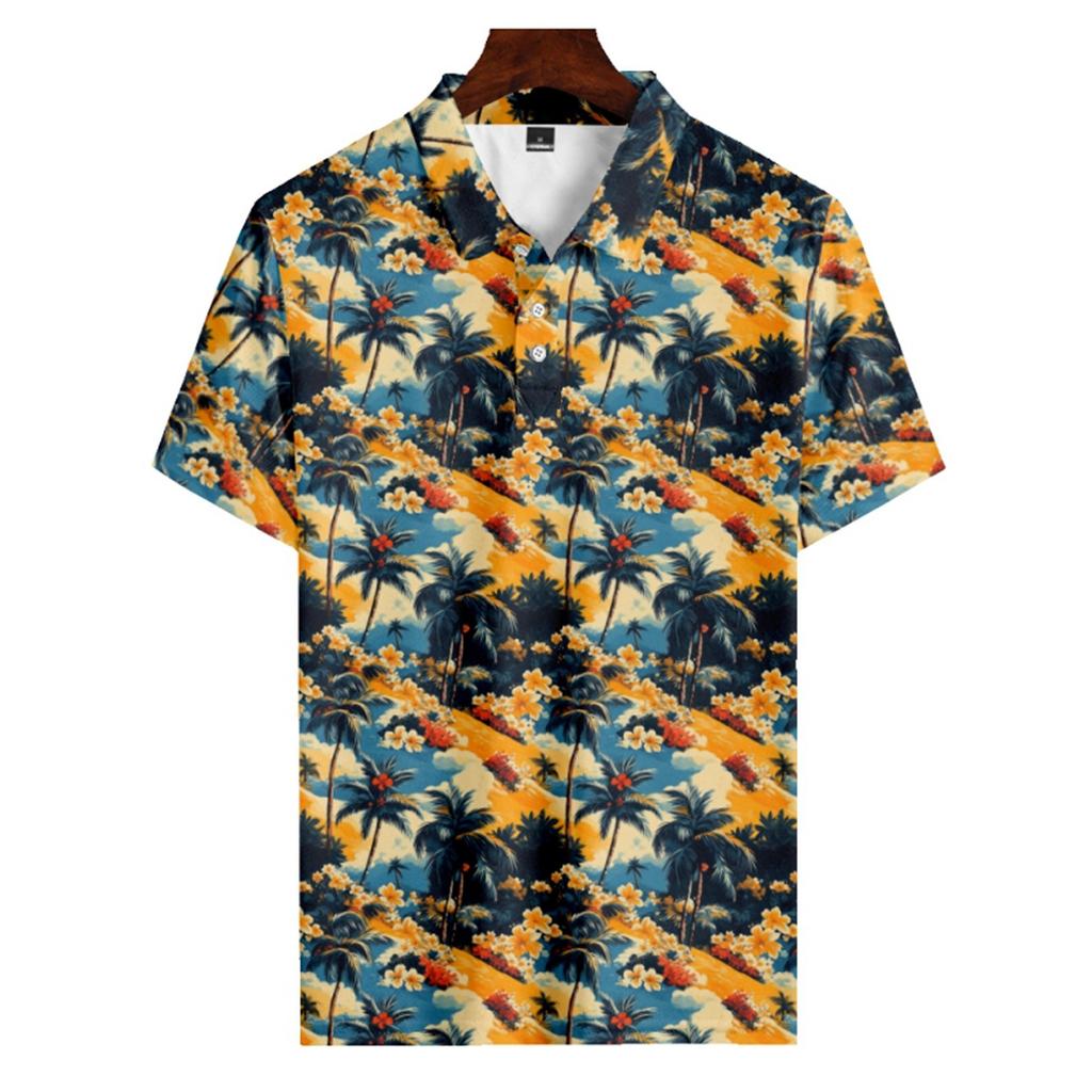 Men's Summer Hawaii Printed Golf Shirt Botton Short Sleeve Top Men's Casual Fashion Shirt