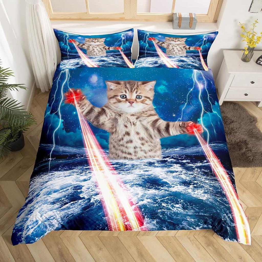 Cat Duvet Cover Set Watercolor Whale Fishing Bedding Set Ocean Sea Wave Comforter Cover Marine Nautical Themed Bedspread Cover