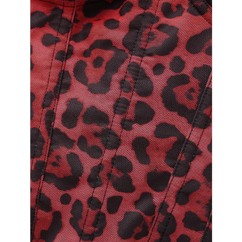 Red Leopard Print Corset Top with Lace Trim Spaghetti Straps Sweetheart Neckline Boned Bustier for Women