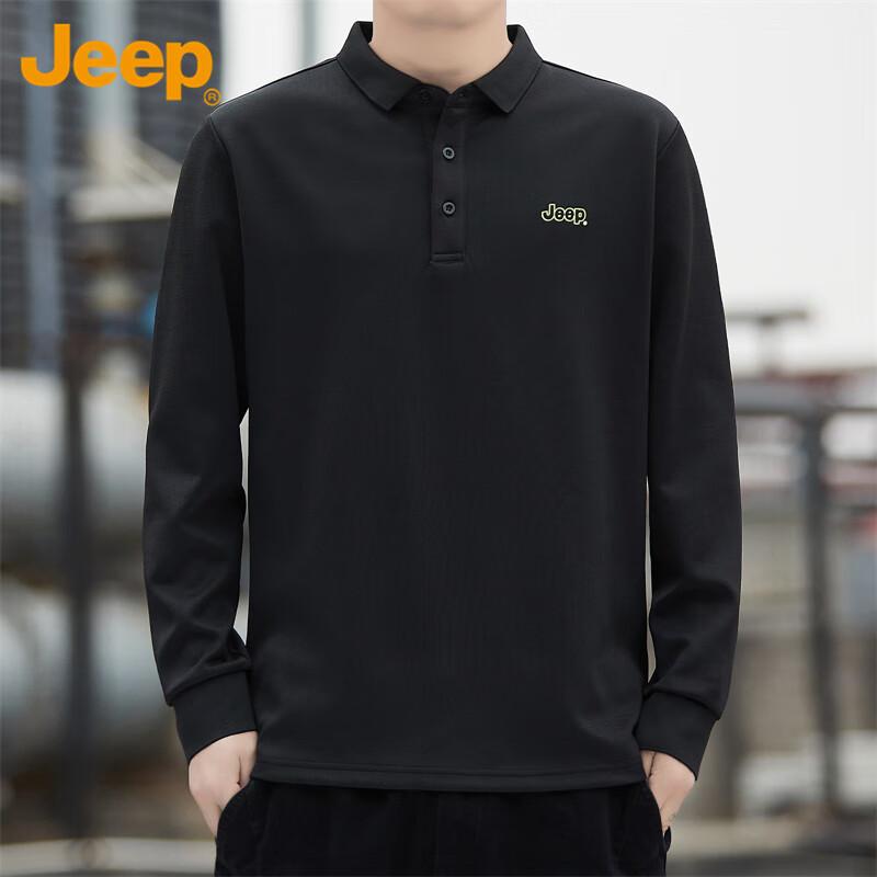 JEEP Men's Long-Sleeve Polo Shirt, Spring And Autumn Men's Clothing, Base Layer, Loose Top, Black, Size L