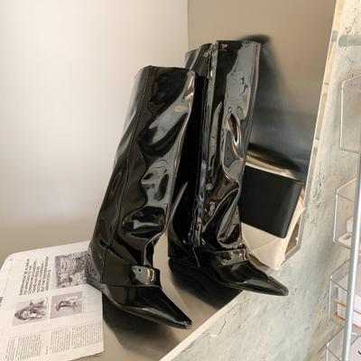 Модные женские лаковые ботфорты выше колена Новые женские остроносые ботфорты до бедра Сексуальная боковая молния Черные высокие каблуки Вечерняя обувь