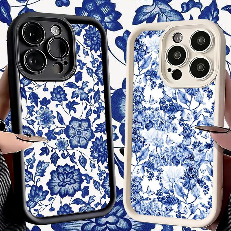 Чехол для телефона iPhone 17 Air 16E 15 16 Pro Max Сине-белый фарфоровый узор Чехол 14 Plus 13 12 Mini Мягкий корпус Силиконовый Забавный
