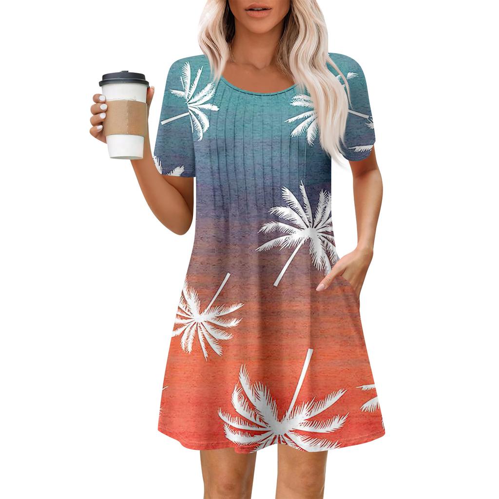 Women's Summer Dress Loose Beach Vacation Casual Round Neck Short Sleeve Sundress With Pocket Short Sleeve Shirt Dress