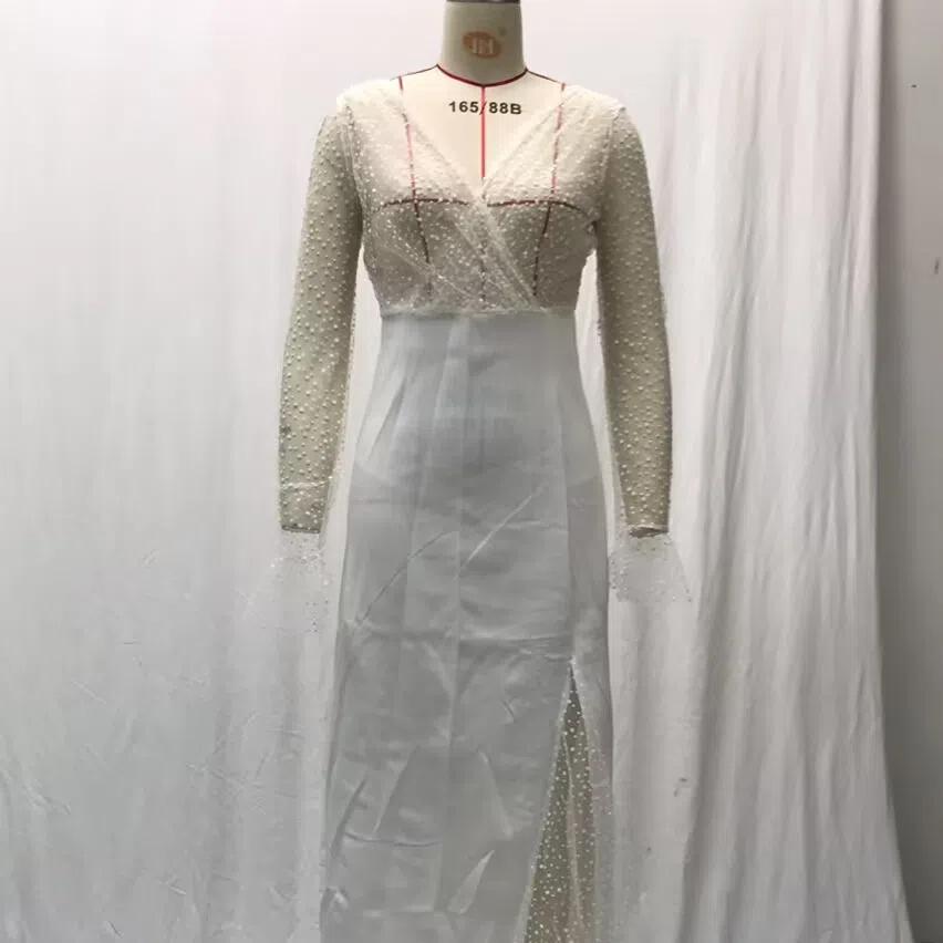 2025 Лето Осень Женское Прозрачное Сетчатое Свадебное Платье, Сексуальное Платье с V-образным вырезом и Длинными Рукавами с Высоким Разрезом, Белое Просвечивающее Свадебное Платье для Торжественных Мероприятий