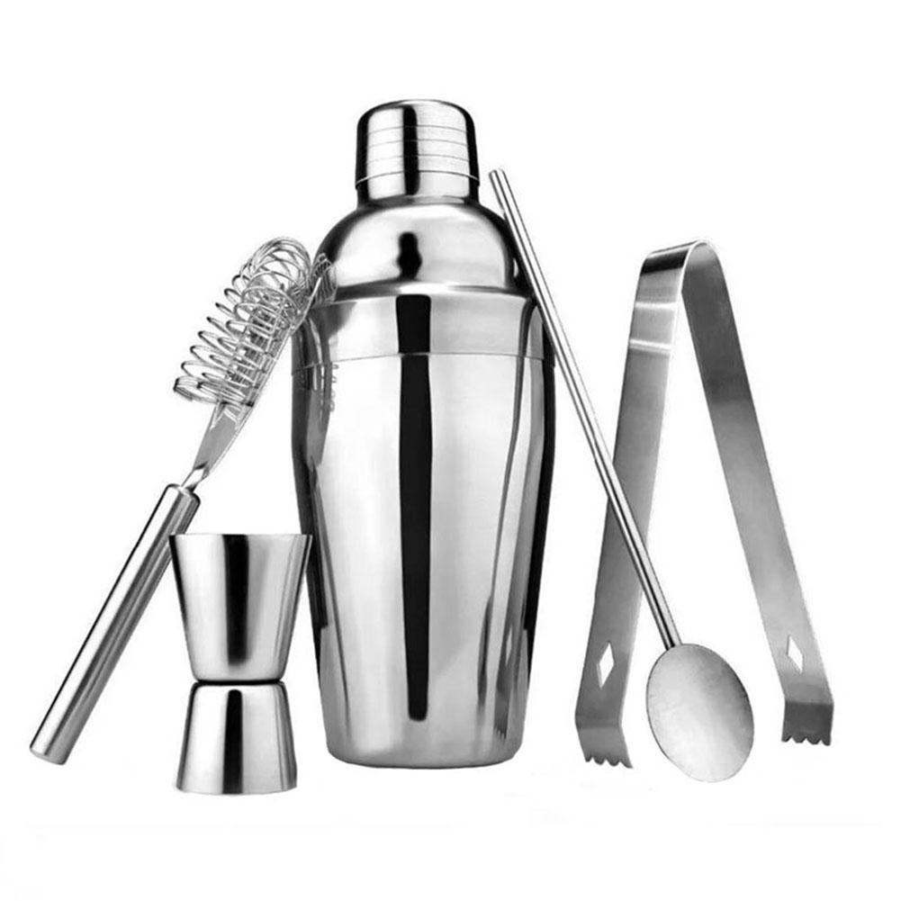 5 Pcs/set Stainless Steel Cocktail Shaker Set Shaker Mixing Spoon Ice Forceps Filter Measuring Cup Reusable Professional Bartending Tool