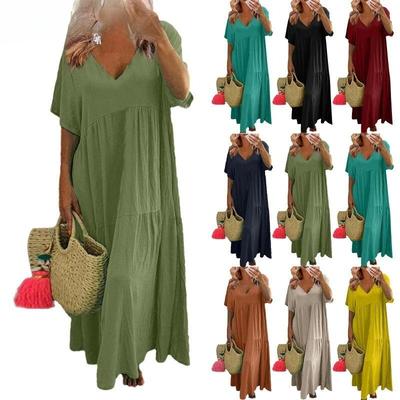 Женская мода лето весна однотонный принт с коротким рукавом и v-образным вырезом свободная талия повседневные платья