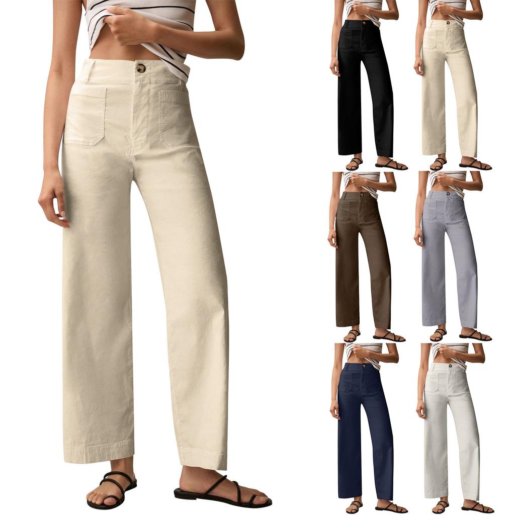 Women's Solid Color Casual Wide Leg Straight Nine-point Pants With Pockets