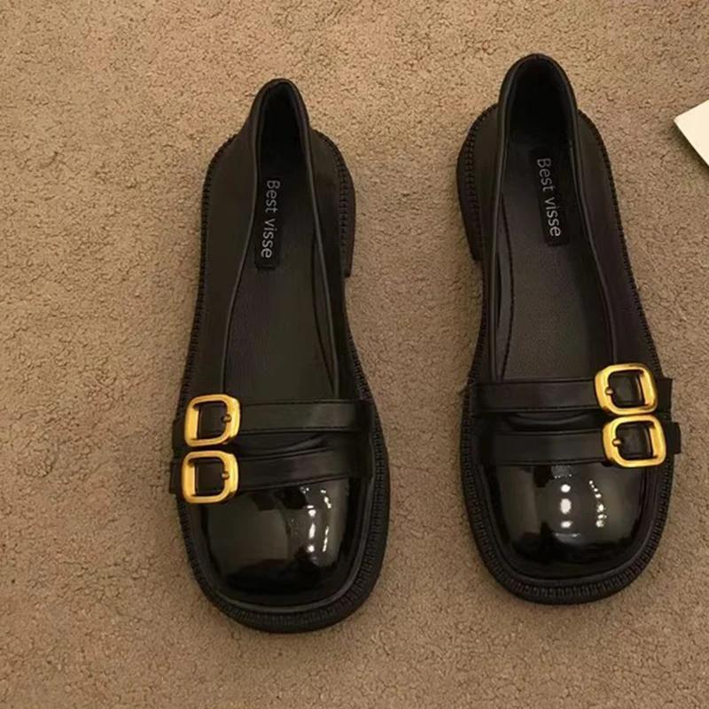 Модные винтажные лоферы с двойной пряжкой на низком каблуке для женщин 2025 весна пэчворк из искусственной кожи женские балетки