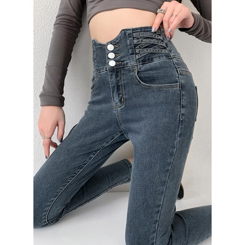 Узкие джинсы-карандаш с четырьмя пуговицами, винтажные женские брюки с высокой талией, тонкие эластичные джинсовые брюки, узкие брюки, женские брюки