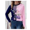 Women Fashon Polyester Comfortable T Shirts Sports Floral Contrast Color 3D Print Loose Round Neck Long Sleeve T-shirt Top