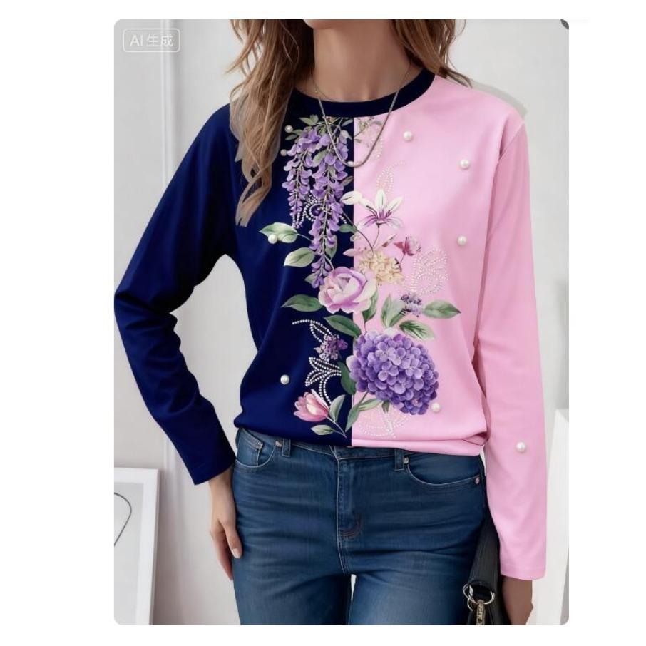 Women Fashon Polyester Comfortable T Shirts Sports Floral Contrast Color 3D Print Loose Round Neck Long Sleeve T-shirt Top