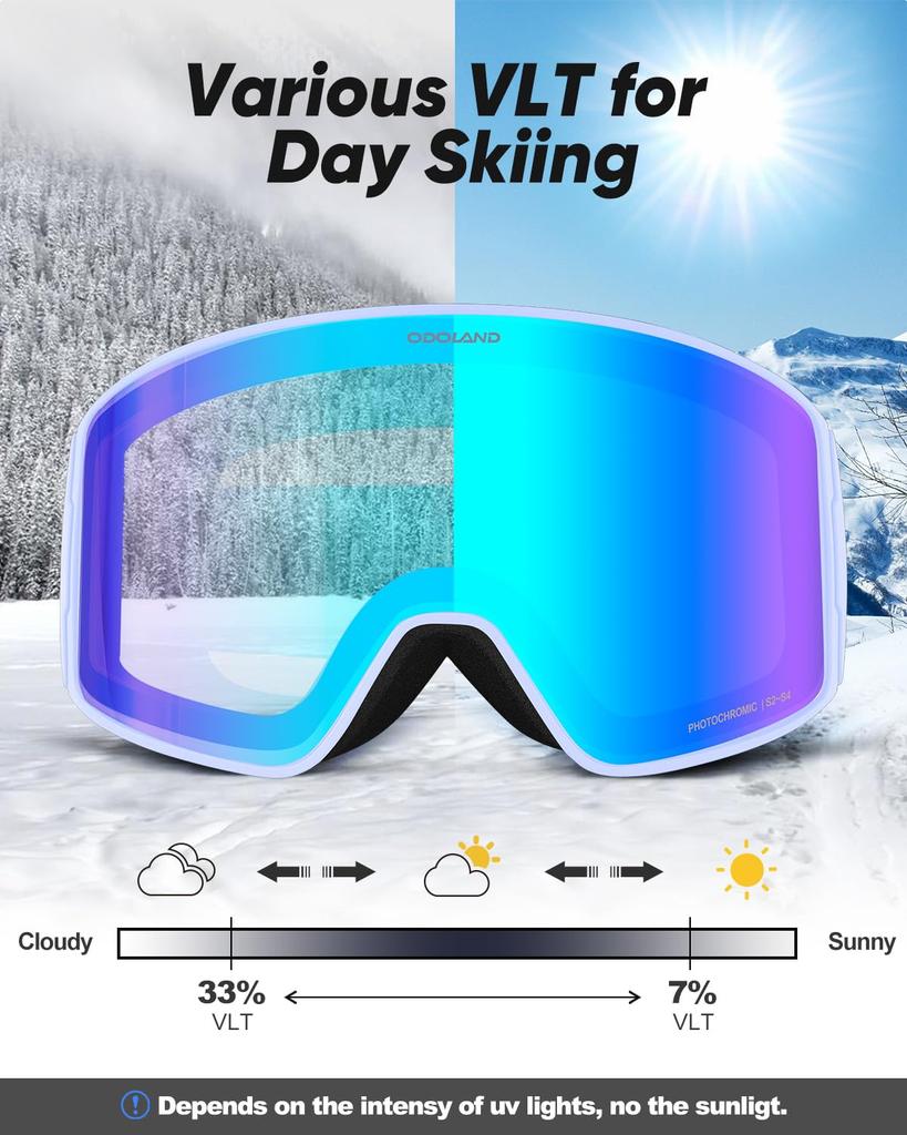 Фотохромные горнолыжные маски Odoland с зеркальным покрытием OTG Очки UV400 Автоматические Ударопрочные Взрослый размер Линзы меняющие цвет, Защита от запотевания, Совместимые, Защита,