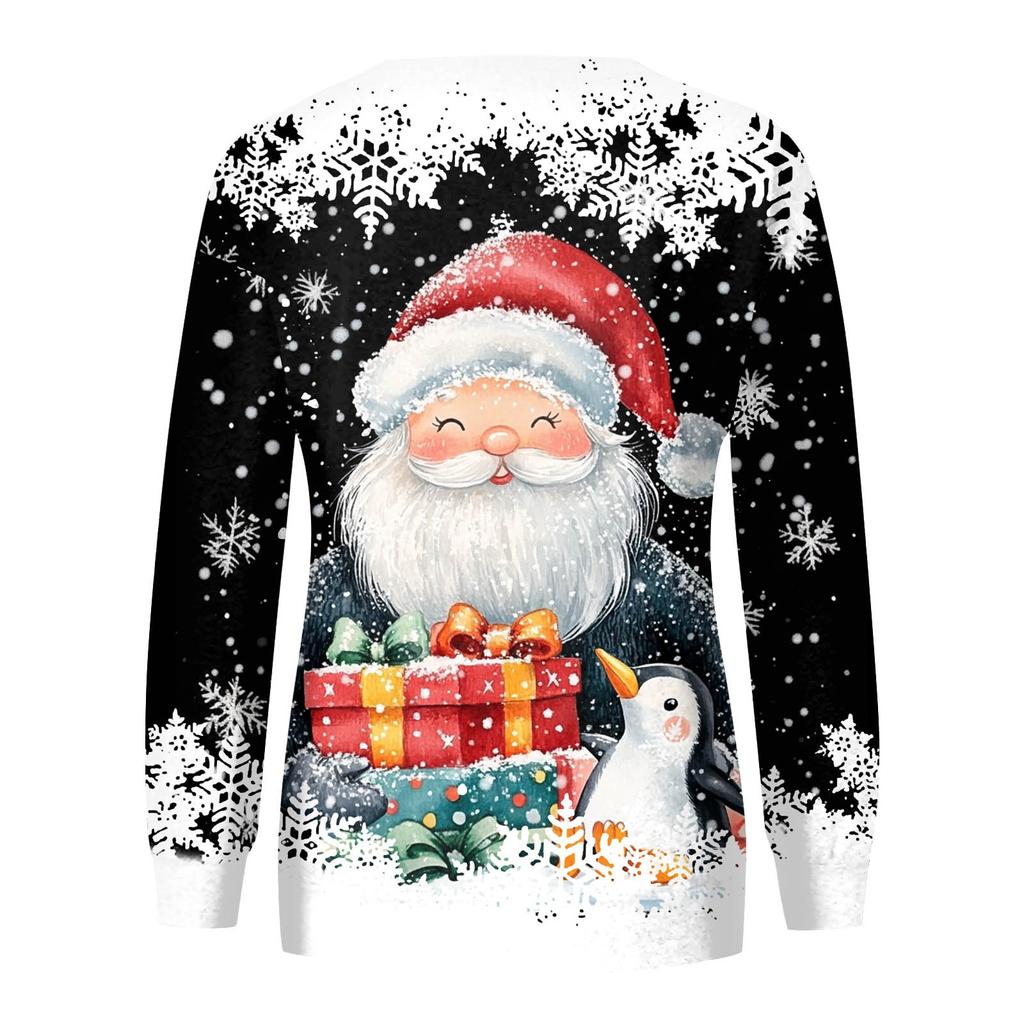 Women's Casual Fashion Christmas Print Long Sleeve Round Neck Pullover Top Blouse Sweatshirt