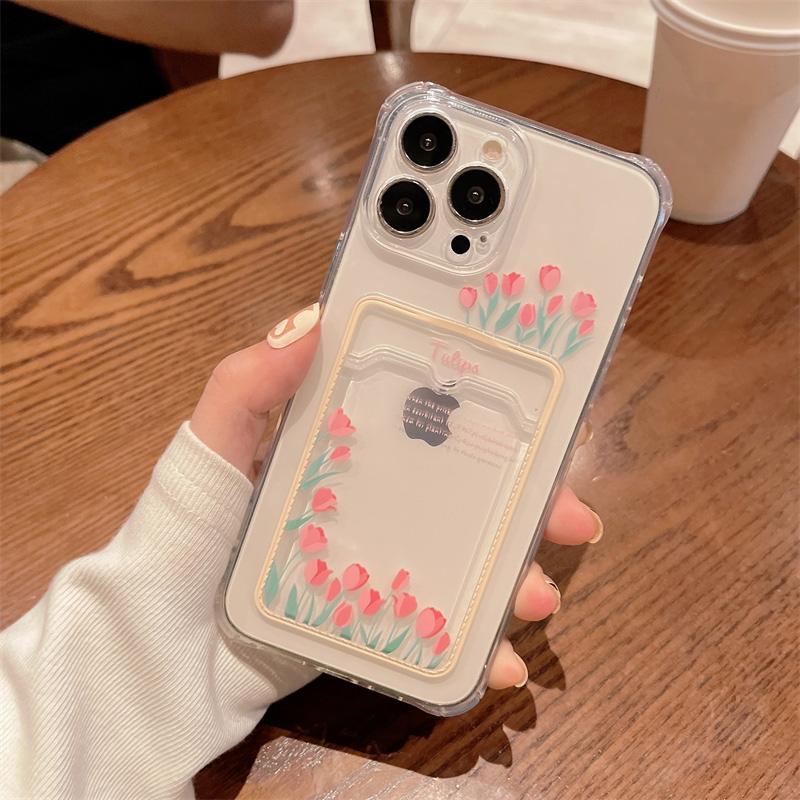 Сумка для карточек с цветами тюльпана, прозрачный чехол для телефона Iphone 14 Pro Max 13 12 11pro Max X Xs Xr, мягкий силиконовый противоударный бампер, задняя крышка
