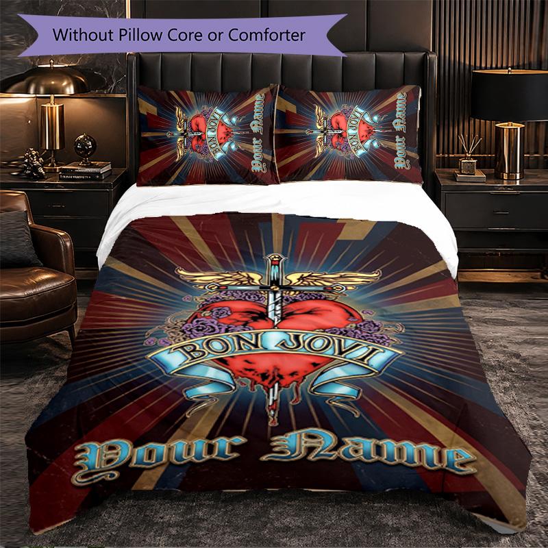 Bon Jovi Customized Name Text Bedding Set, 1 Duvet Cover & 2 Pillowcases Personalized Bedroom Gift