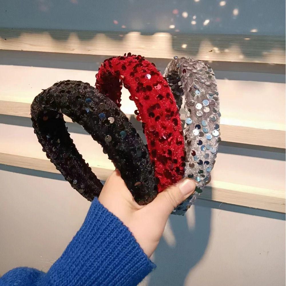 Velvet Sequins Headband Solid Color Sponge Hair Band Exquisite Wide Hairband Ladies