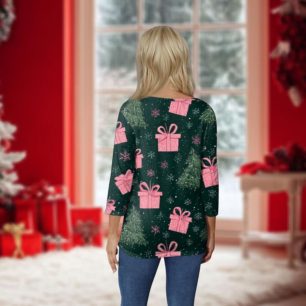 Women's O-Neck 3/4 Sleeve Christmas Print Top