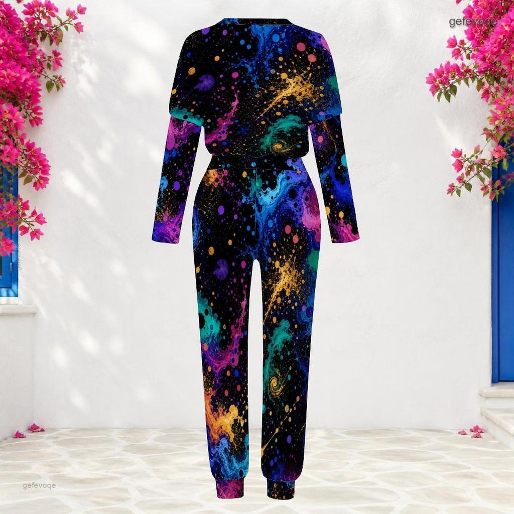Women Plus Size Multicolor Printed Round Neck Long Sleeve Cuffed Top Cuffed Pants Two Piece Set