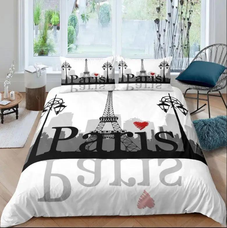 3D Pink Bedding Set Paris Eiffel Tower Print Cozy Duvet Cover Set King Queen Twin Single Size Birthday Gift Girl Bedroom Decor