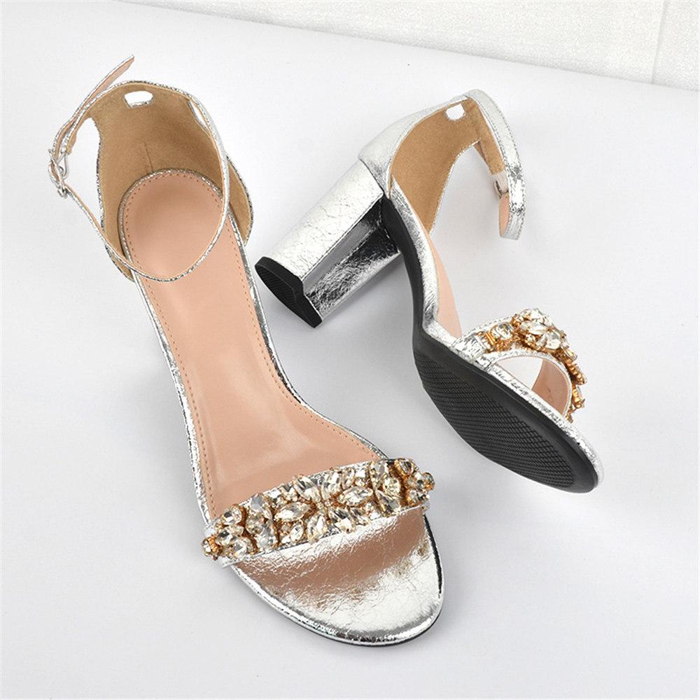Rhinestones Black Silver Gold Elegant Women 'S Summer Sandals Big Size High Square Heels Classic Office Lady Party Shoes