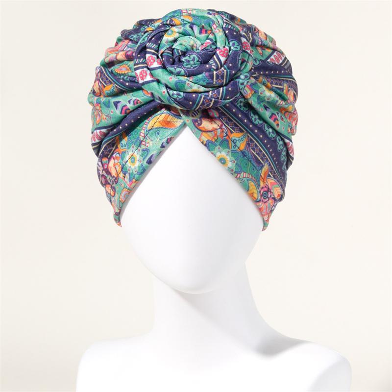 New African Print Pleated Turban Floral Beanie Pre Tied Front Knot Elastic Head Wrap Elegant Women Chemo Cap Bandana Headwear