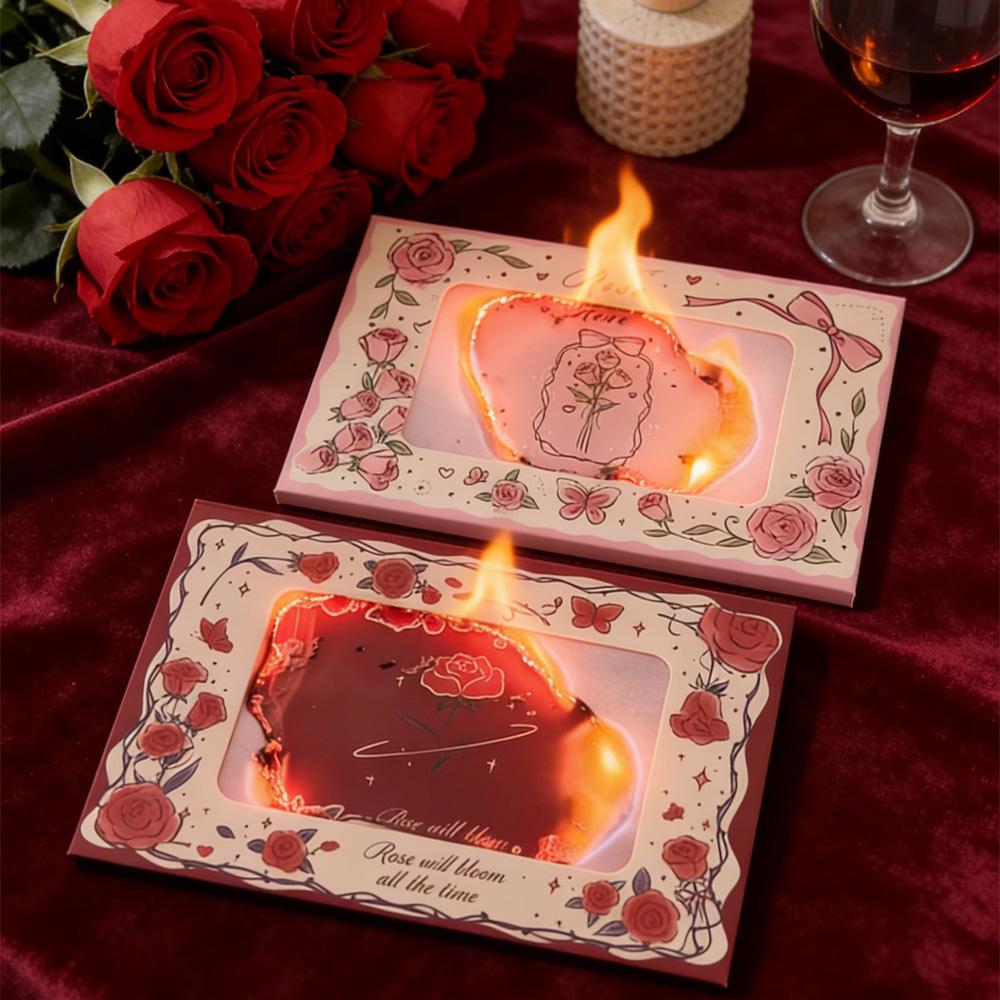 4pcs Magic Flame Burning Rose Card Creative Heart-to-Heart Surprise Greeting Card for Anniversary Valentine's Day Wedding HBTY