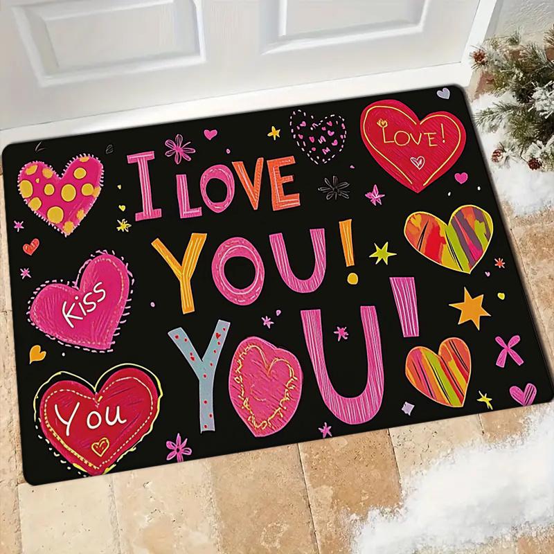 0.47inch Thick Flannel 'I Love You' Valentine's Day Decorative Mat – Colorful Hand-Painted Heart Design, Absorbent & Non-Slip, P