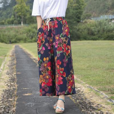 Летние свободные винтажные брюки для женщин из хлопка и льна в ретро-этническом стиле, широкие брюки с эластичной резинкой на талии, укороченные брюки