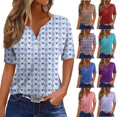 Жен. Футболка Футболка С принтом Пуговицы С короткими рукавами Повседневные Выходные Мода Классический V-образный вырез Обычный Топ Лето