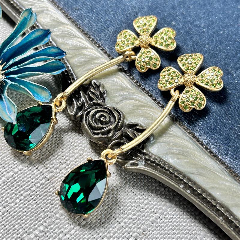 Серьги-подвески Osc Retro Gold с изогнутым крючком, в виде четырехлистного клевера и зеленого бриллианта-капли для женщин